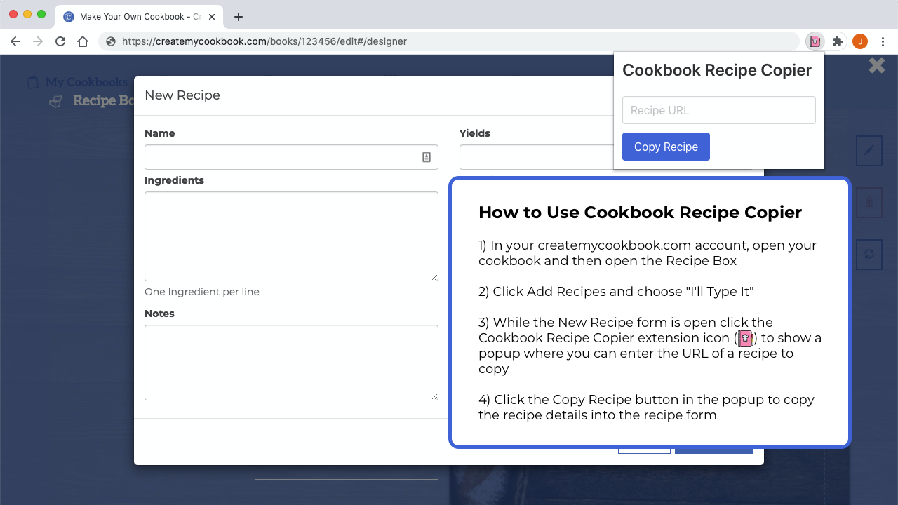 Screenshot of Cookbook Recipe Copier